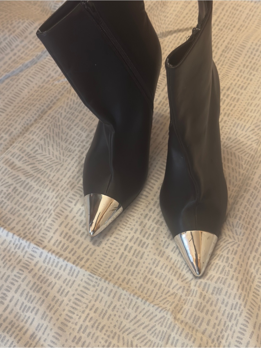 Black Pointed Toe Ankle Boots with Silver Cap